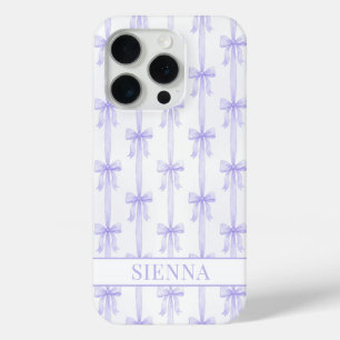 Purple Coquette Bows Striped Monogrammed iPhone 15 Pro Case