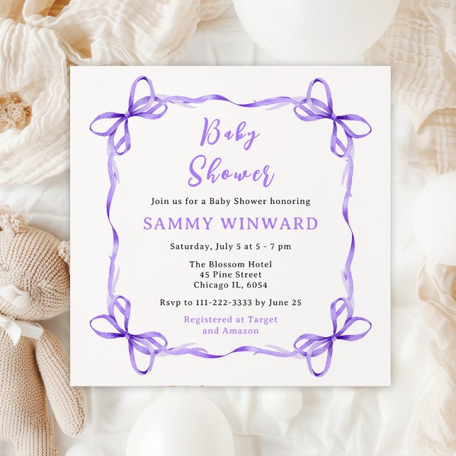 Purple Coquette Ribbon Baby Shower Invitation (Creator Uploaded)