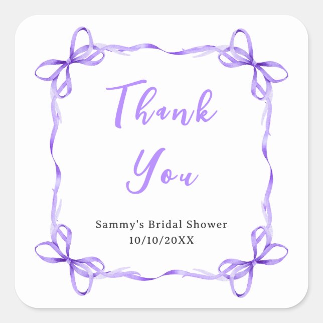 Purple Coquette Ribbon Bridal Shower Thank You Square Sticker (Front)
