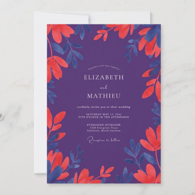 Purple Coral Leafy Wedding Invitation (Front)