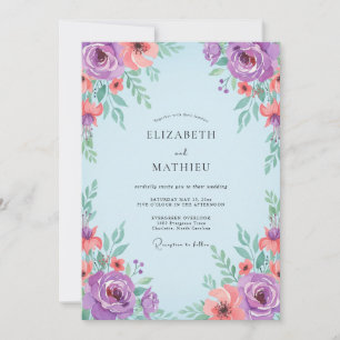 Purple Coral Ranunculus Grey Eucalyptus Wedding Invitation