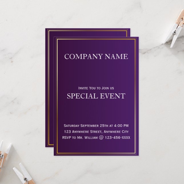 Purple Corporate Business Party Invitation Card (Front/Back In Situ)