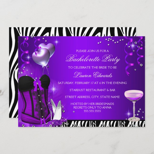 Purple Corset Zebra Bachelorette Party Invite (Front/Back)