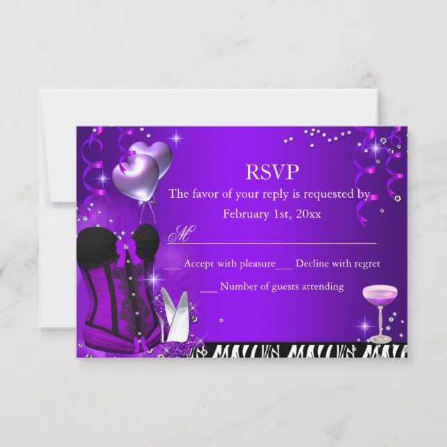 Purple Corset & Zebra Bachelorette RSVP Card (Front)