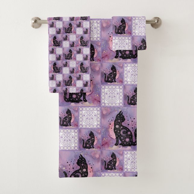 Purple Cosmic Cats Patchwork Bath Towel Set (Insitu)