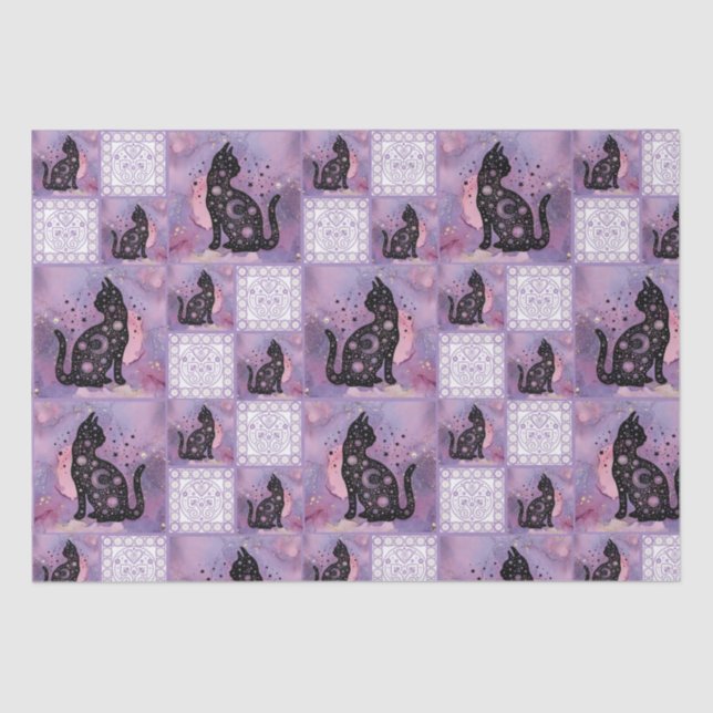 Purple Cosmic Cats Patchwork Pattern  Tissue Paper (Front)
