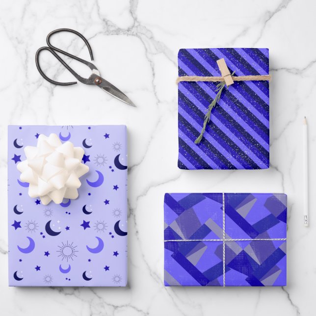Purple cosmic, lines and shapes wrapping paper sheet (Front)