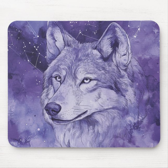 Purple Cosmic Wolf Watercolor Mouse Pad (Front)