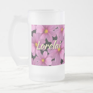 Purple Cosmos Flower Design on a Black Background Frosted Glass Beer Mug