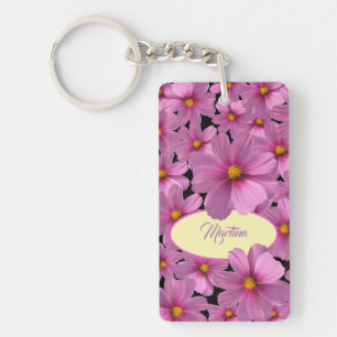 Purple Cosmos Flower Design on a Black Background Key Ring