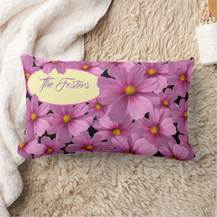 Purple Cosmos Flower Design on a Black Background Lumbar Cushion