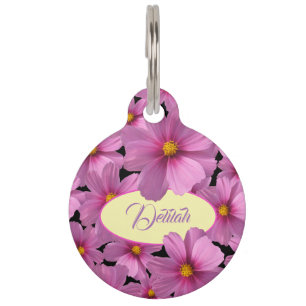 Purple Cosmos Flower Design on a Black Background Pet Tag
