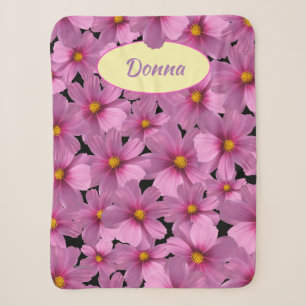 Purple Cosmos Flower Design on a Black Background Sherpa Blanket