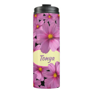 Purple Cosmos Flower Design on a Black Background Thermal Tumbler
