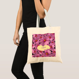 Purple Cosmos Flower Design on a Black Background Tote Bag