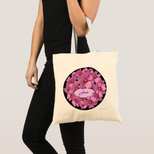 Purple Cosmos Flower Design on a Black Background Tote Bag