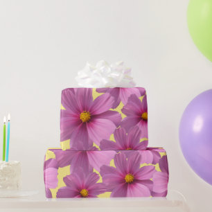 Purple Cosmos Flower Design on Yellow Background Wrapping Paper