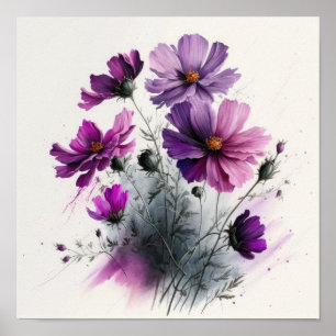 Purple Cosmos Flowers Art Print Poster