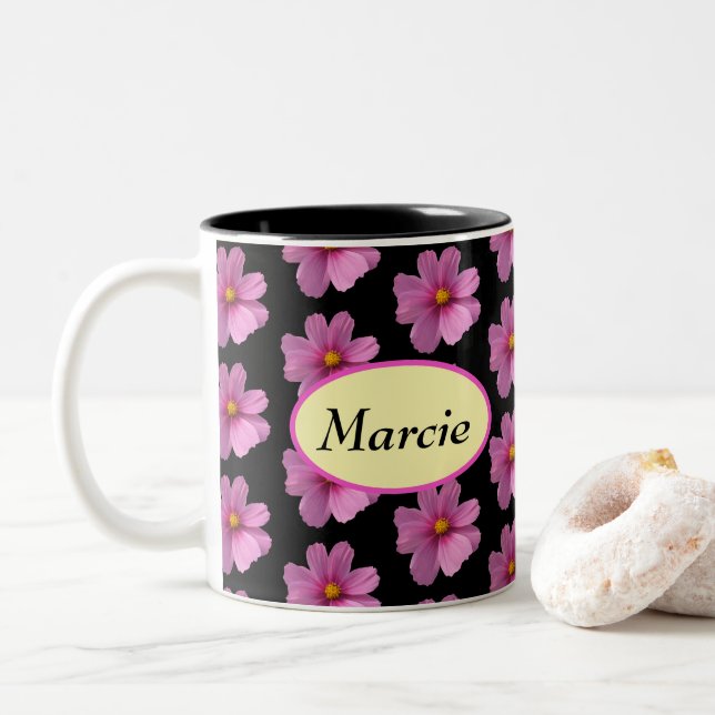 Purple Cosmos w/ Yellow Centre on Black Background Two-Tone Coffee Mug (With Donut)