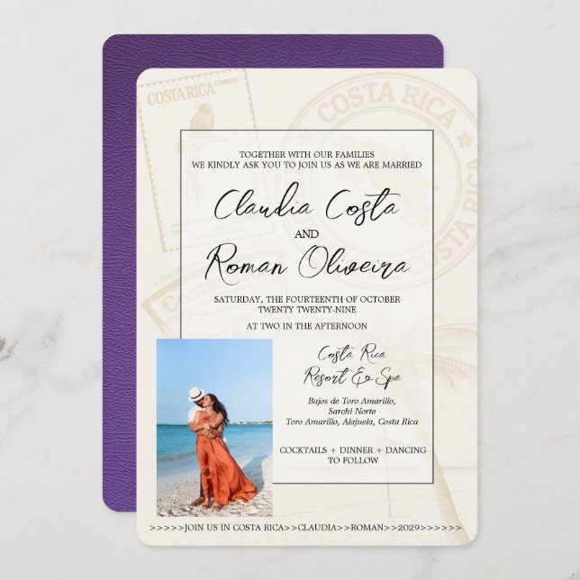 Purple Costa Rica Passport Wedding Invitation (Front/Back)