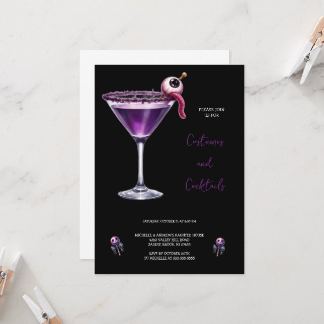 PURPLE COSTUMES COCKTAIL HALLOWEEN INVITATION (Front/Back In Situ)