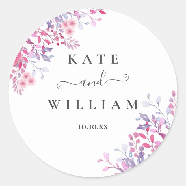 Purple Country Wildflowers Floral Wedding Classic Round Sticker (Front)
