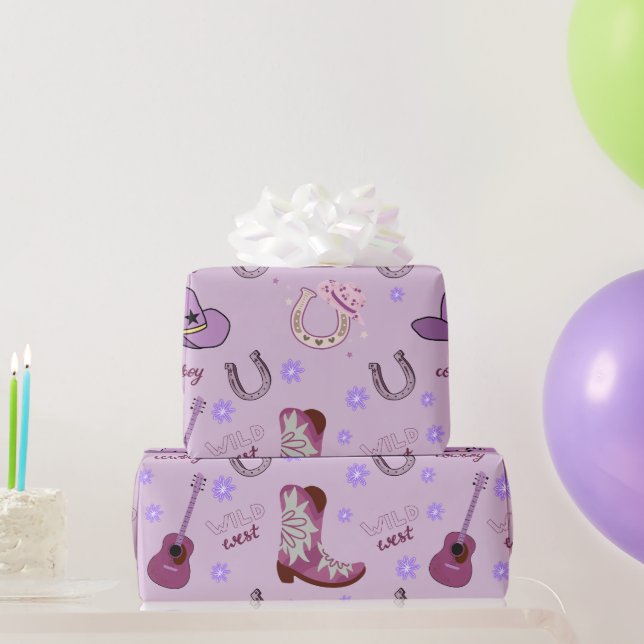 Purple Cowboy Wild West Pattern  Wrapping Paper (Party Gifts)