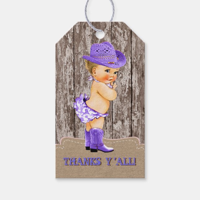 Purple Cowgirl Baby Shower Gift Tags (Front)