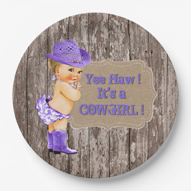 Purple Cowgirl Baby Shower Paper Plate (Front)