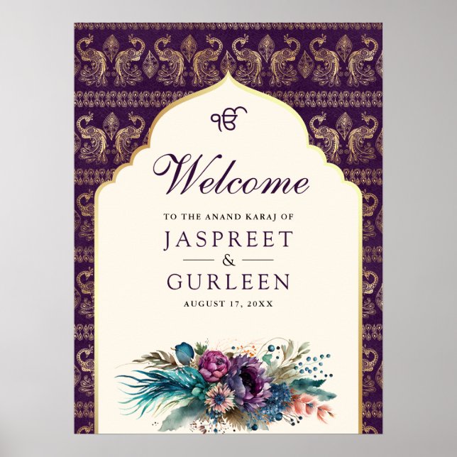 Purple Cream Anand Karaj Wedding Welcome Sign (Front)