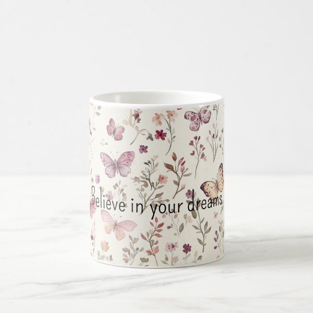 Purple Cream Butterflies Floral Believe Dreams Coffee Mug (Center)