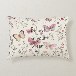 Purple Cream Butterflies Floral Believe Dreams Decorative Cushion