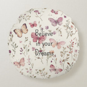 Purple Cream Butterflies Floral Believe Dreams Round Cushion