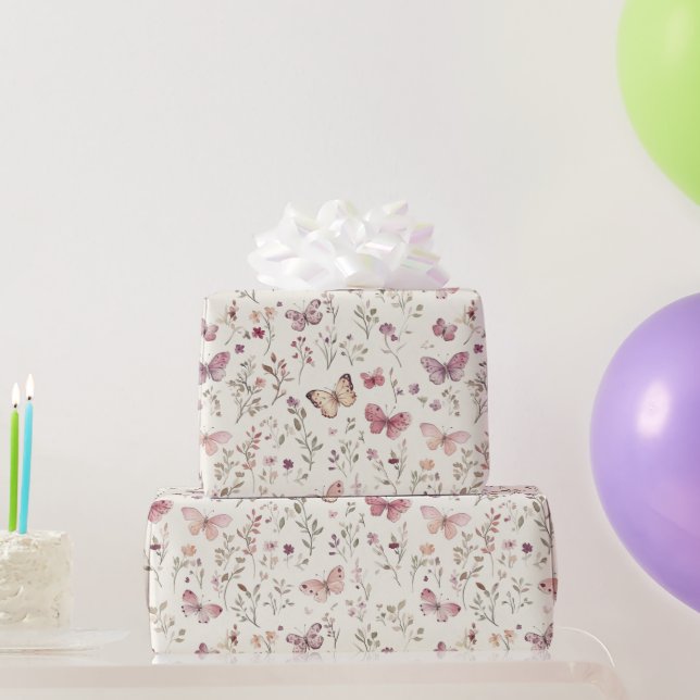 Purple Cream Butterflies Floral Birthday Wrapping Paper (Party Gifts)