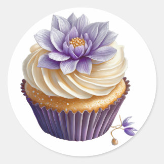Purple cream cupcake with flower birthday classic round sticker