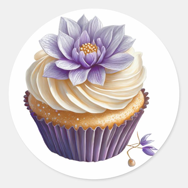 Purple cream cupcake with flower birthday  classic round sticker (Front)