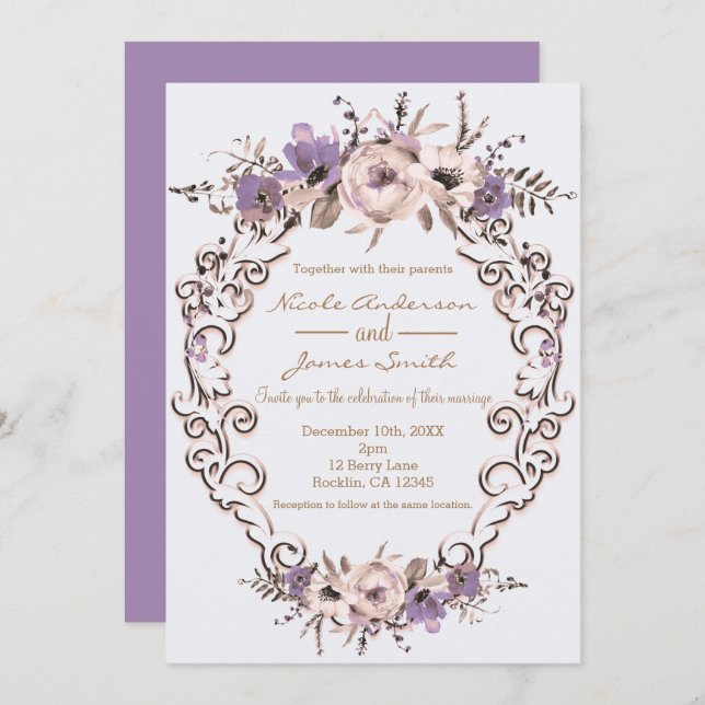 Purple Cream Elegant Botanical Floral Wedding Invitation (Front/Back)