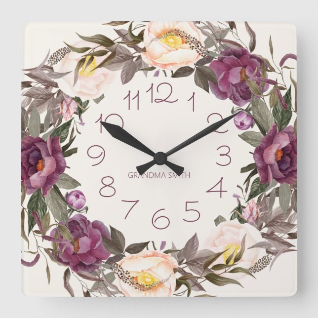 Purple Cream Floral Wreath Name Numbers Square Wall Clock (Front)