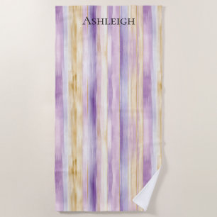 Purple Cream Iris Stripes   Beach Towel