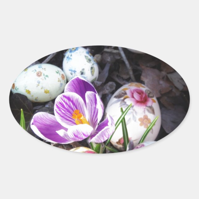 Purple Crocus and Floral Easter Eggs Oval Sticker (Front)