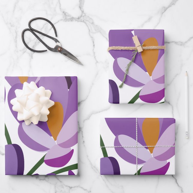 Purple Crocus Floral Wrapping Paper Sheet (Front)