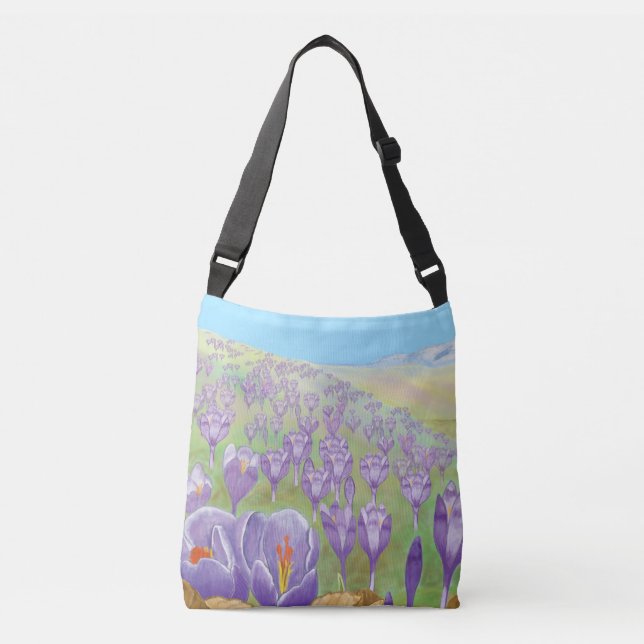 Purple Crocus Flowers on Spring Hill Illustration  Crossbody Bag (Front)