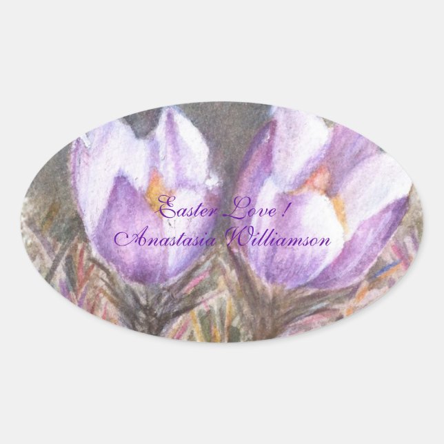 PURPLE CROCUS LOVING EASTER .. OVAL STICKER (Front)