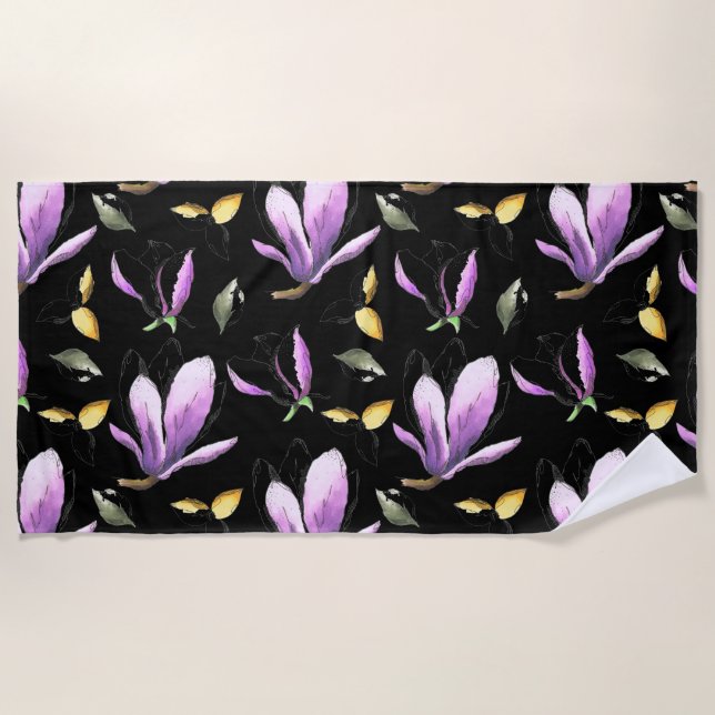 Purple Crocus on Black Beach Towel (Front)