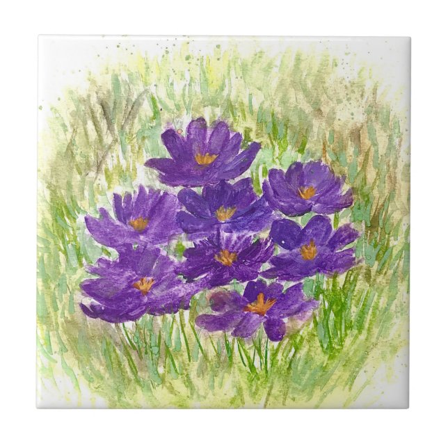 Purple Crocuses Floral watercolour rustic Kitchen Ceramic Tile (Front)