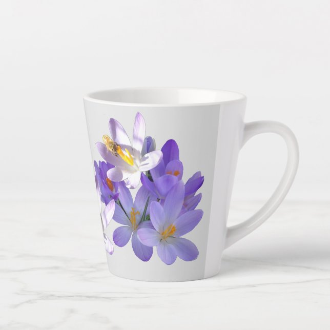 Purple Crocuses with Bee Light Grey Latte Mug (Right)