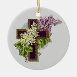 Purple Cross And Flowers Ceramic Ornament