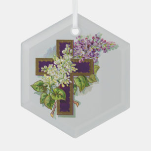 Purple Cross And Flowers Glass Tree Decoration