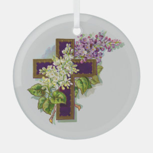 Purple Cross And Flowers Glass Tree Decoration