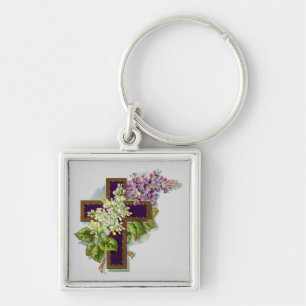 Purple Cross And Flowers Key Ring